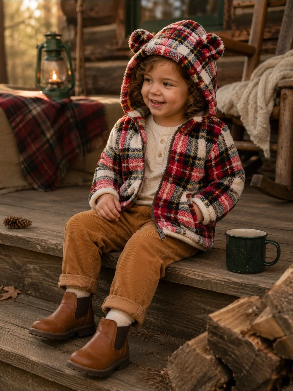 Old Navy Toddler Plush Fleece Plaid Hooded Jacket Red 3T
